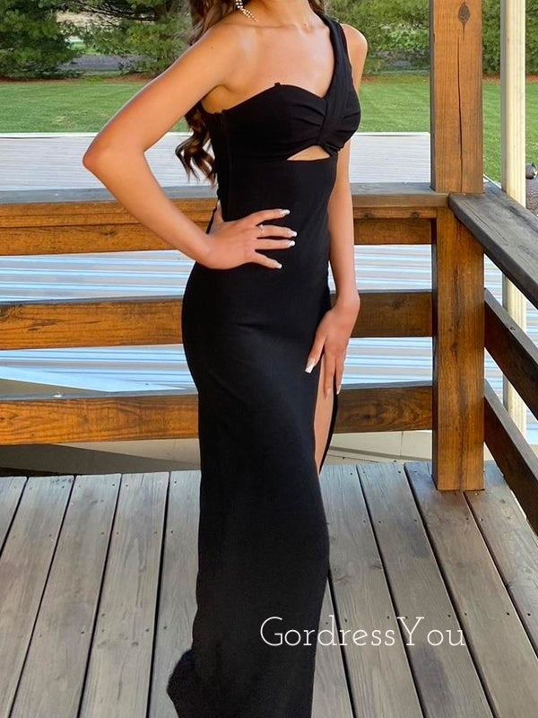 Black Sheath Mermaid One Shoulder Long Evening Prom Dresses, GR0450