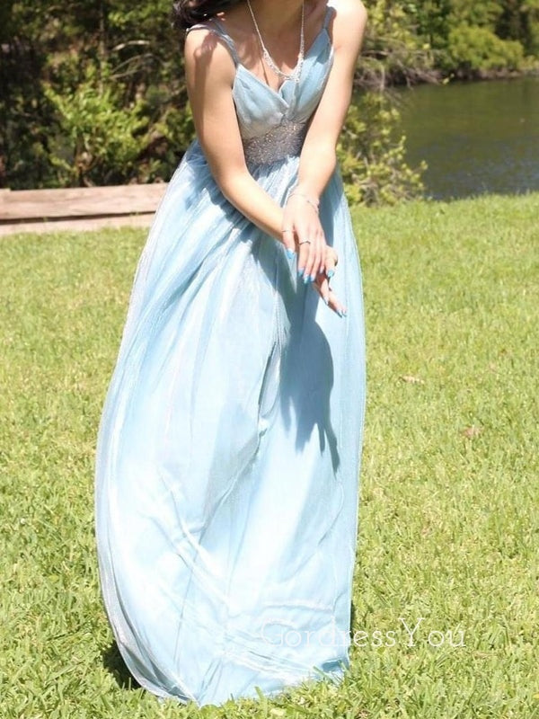 Gorgeous A-line Blue V-neck Long Evening Prom Dresses, GR0452