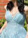 Gorgeous A-line Blue V-neck Long Evening Prom Dresses, GR0452