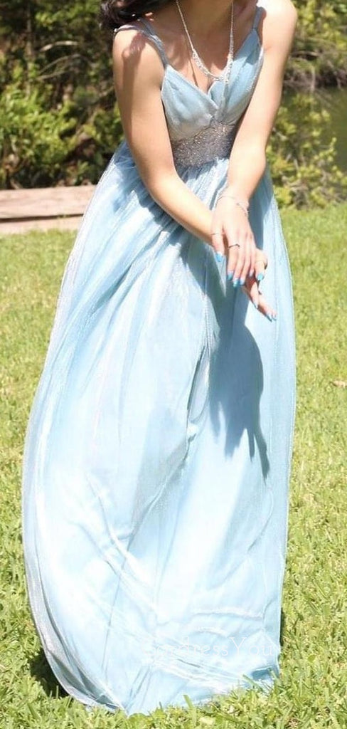 Gorgeous A-line Blue V-neck Long Evening Prom Dresses, GR0452