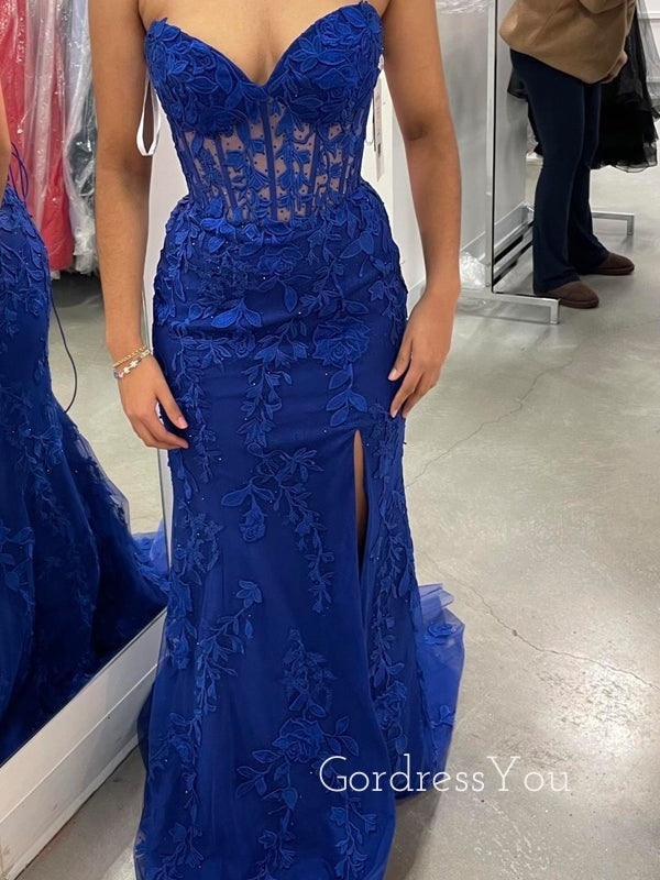 Elegant Sweetheart Royal Blue Tulle Appliques Mermaid Long Evening Prom Dresses, GR0453