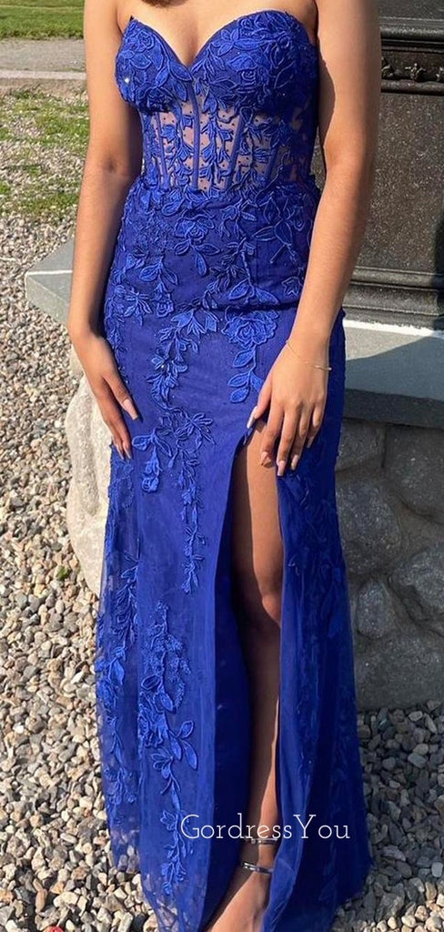 Elegant Sweetheart Royal Blue Tulle Appliques Mermaid Long Evening Prom Dresses, GR0453