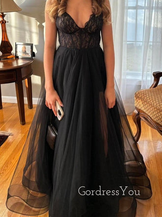 Formal Black Tulle Lace V-neck Long Evening Prom Dresses, GR0455