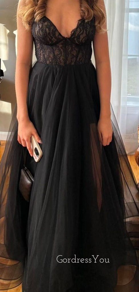 Formal Black Tulle Lace V-neck Long Evening Prom Dresses, GR0455