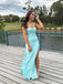 Popular Light Blue Spaghetti Straps Side Slit Long Evening Prom Dresses, GR0457