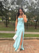 Popular Light Blue Spaghetti Straps Side Slit Long Evening Prom Dresses, GR0457