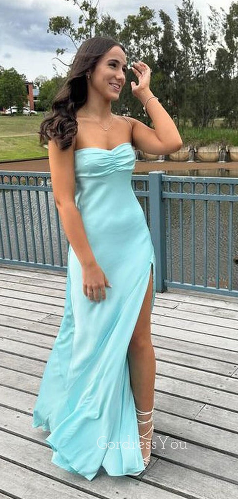 Popular Light Blue Spaghetti Straps Side Slit Long Evening Prom Dresses, GR0457