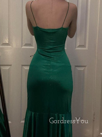 Unique Emerald Green Mermaid Side Slit Long Evening Prom Dresses, GR0459