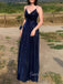 Sparkly Navy Blue Satin A-line Long Evening Prom Dresses, GR0461