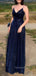 Sparkly Navy Blue Satin A-line Long Evening Prom Dresses, GR0461