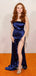 Morden Navy Blue Satin Strapless Side Slit Mermaid Long Evening Prom Dresses, GR0463