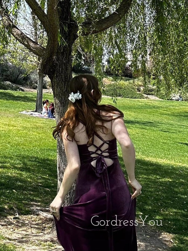 purple velvet spaghetti strap dress Dark Purple Prom Dresses Spaghetti Strap Purple Velvet Long Dress Sweetheart Neck Backless Fitted Velvet Long