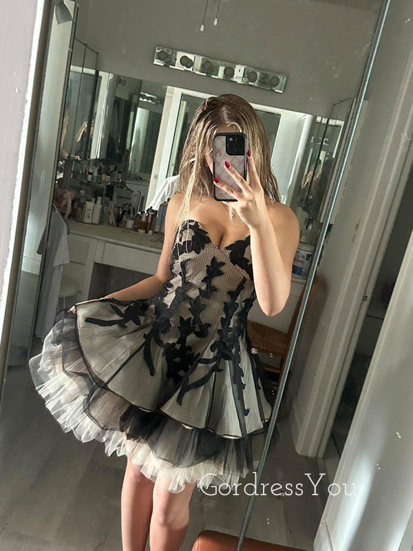 Sweetheart Tulle A-line Black Short Evening Prom Dresses, GR0465