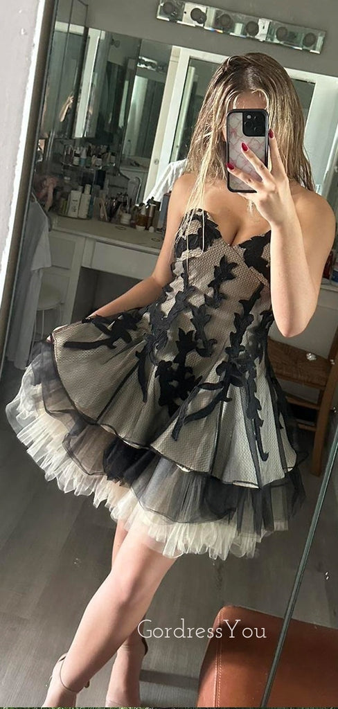 Sweetheart Tulle A-line Black Short Evening Prom Dresses, GR0465