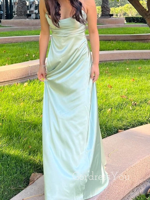 Sage Green Satin Spaghetti Straps Long Evening Prom Dresses, A-line Prom Dress, GR0469