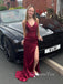 Burgundy Satin Mermaid V-neck Backless Long Evening Prom Dresses, GR0475