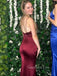 Burgundy Satin Mermaid V-neck Backless Long Evening Prom Dresses, GR0475