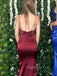 Burgundy Satin Mermaid V-neck Backless Long Evening Prom Dresses, GR0475