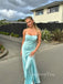 Gorgeous Baby Blue Satin Spaghetti Straps Side Slit Long Evening Prom Dresses, GR0477