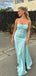 Gorgeous Baby Blue Satin Spaghetti Straps Side Slit Long Evening Prom Dresses, GR0477