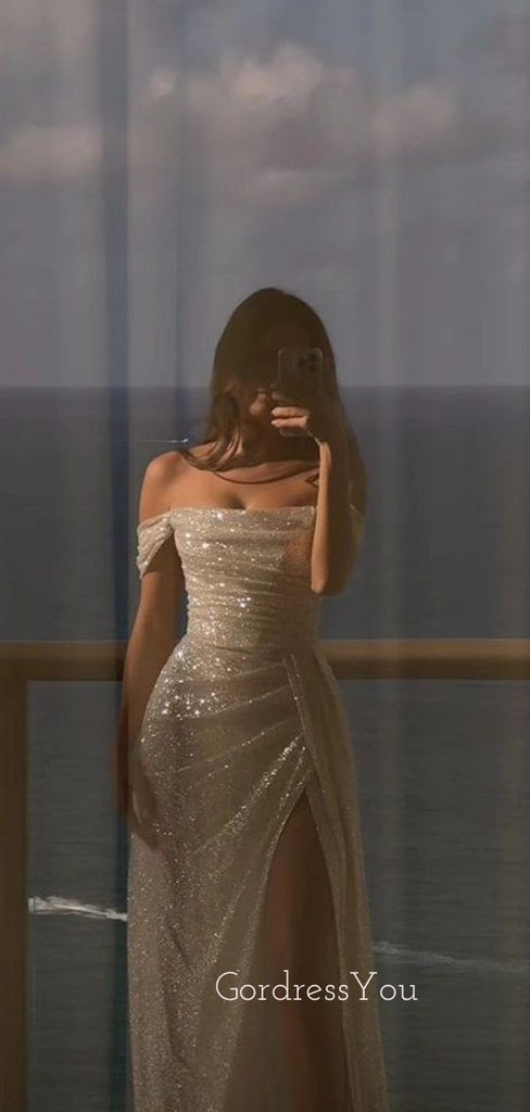 Lovely White Sequins Sparkly A-line High Slit Long Evening Prom Dresses, GR0479