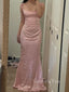 Pink Satin Mermaid Long Evening Prom Dresses, Spaghetti Straps Prom Dress, GR0480