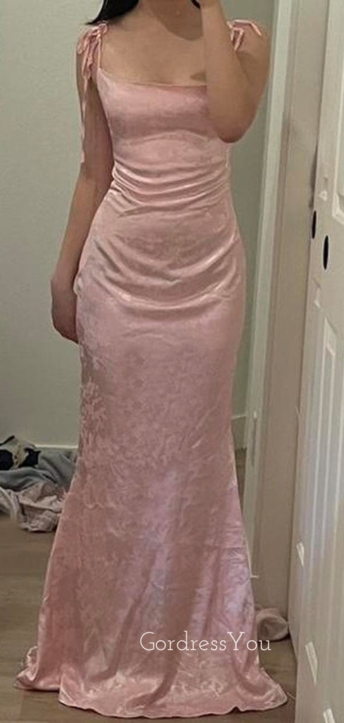 Pink Satin Mermaid Long Evening Prom Dresses, Spaghetti Straps Prom Dress, GR0480