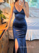 Navy Blue Soft Satin Mermaid V-neck Long Evening Prom Dresses, Side Slit Dress, GR0482