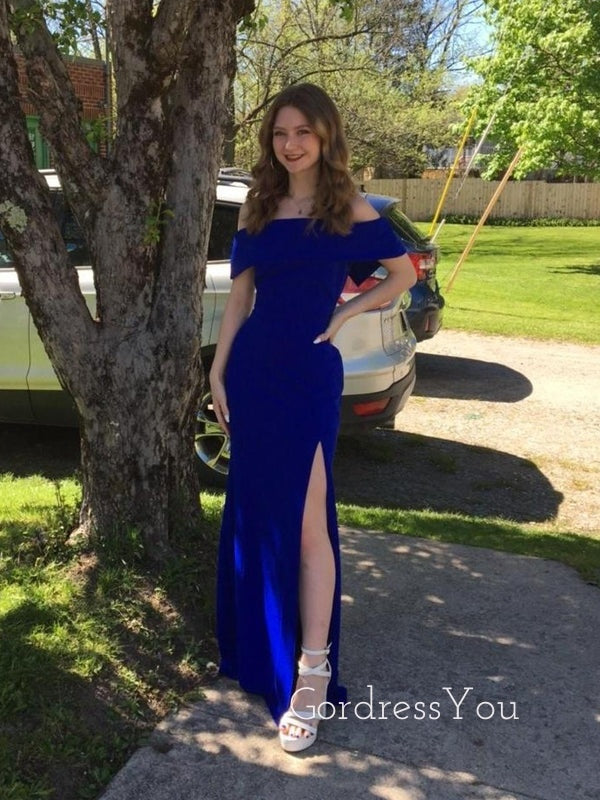 Off Shoulder Royal Blue Side Slit Long Evening Prom Dresses, GR0483