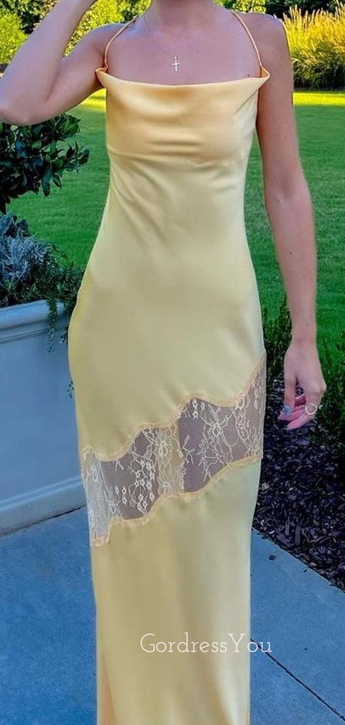 Light Yellow Satin Lace Spaghetti Straps Long Evening Prom Dresses, GR0484