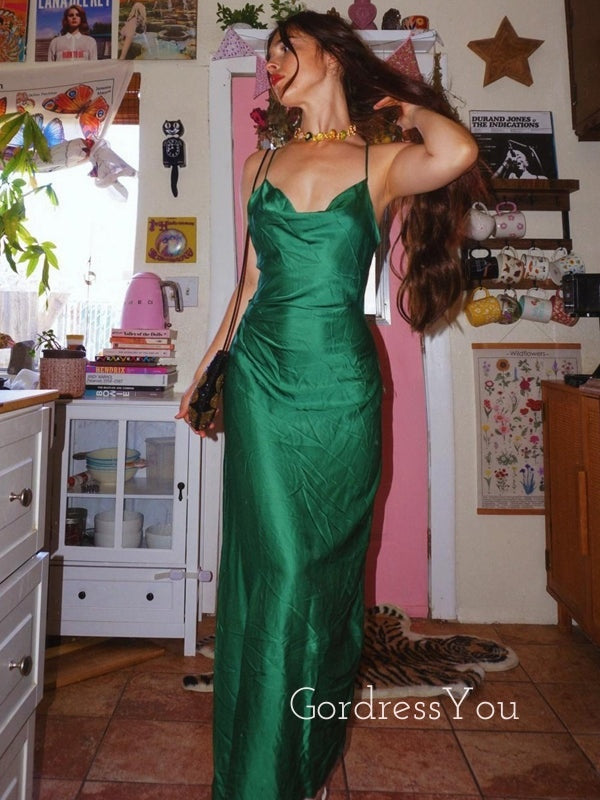 Simple Emerald Green Spaghetti Straps Long Evening Prom Dresses, GR0487