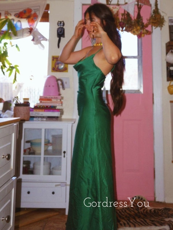 Simple Emerald Green Spaghetti Straps Long Evening Prom Dresses, GR0487