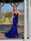 Royal Blue Sequins Spaghetti Straps Long Evening Prom Dresses, Mermaid V-neck Prom Dress, GR0490