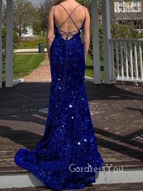 Royal Blue Sequins Spaghetti Straps Long Evening Prom Dresses, Mermaid V-neck Prom Dress, GR0490