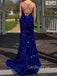 Royal Blue Sequins Spaghetti Straps Long Evening Prom Dresses, Mermaid V-neck Prom Dress, GR0490