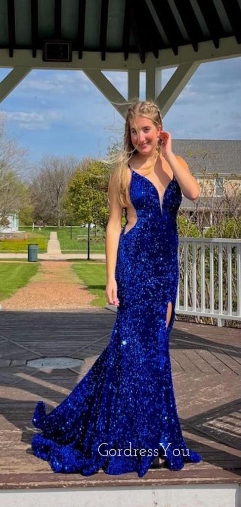 Royal Blue Sequins Spaghetti Straps Long Evening Prom Dresses, Mermaid V-neck Prom Dress, GR0490