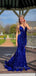 Royal Blue Sequins Spaghetti Straps Long Evening Prom Dresses, Mermaid V-neck Prom Dress, GR0490