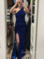 Sparkly Blue Sequins Side Slit Long Evening Prom Dresses, One Shoulder Prom Dress, GR0491