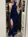 Sparkly Blue Sequins Side Slit Long Evening Prom Dresses, One Shoulder Prom Dress, GR0491