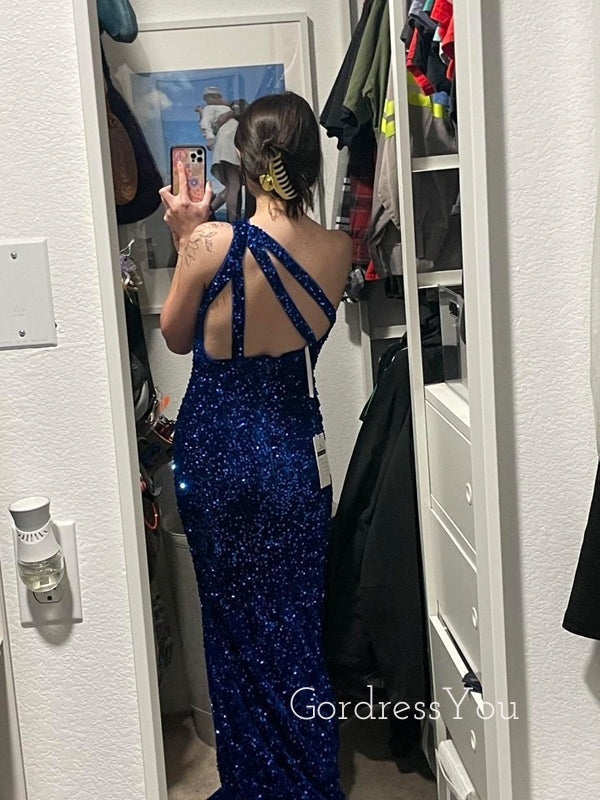 Sparkly Blue Sequins Side Slit Long Evening Prom Dresses, One Shoulder Prom Dress, GR0491