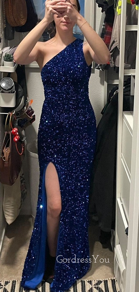 Sparkly Blue Sequins Side Slit Long Evening Prom Dresses, One Shoulder Prom Dress, GR0491