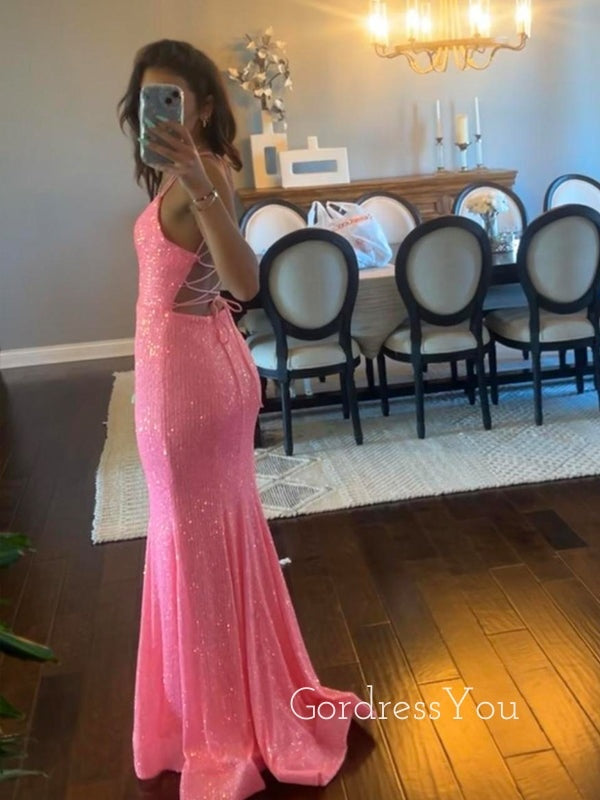 Elegant Hot Pink Sequins Backless Long Evening Prom Dresses, Deep V-neck Prom Dress, GR0492