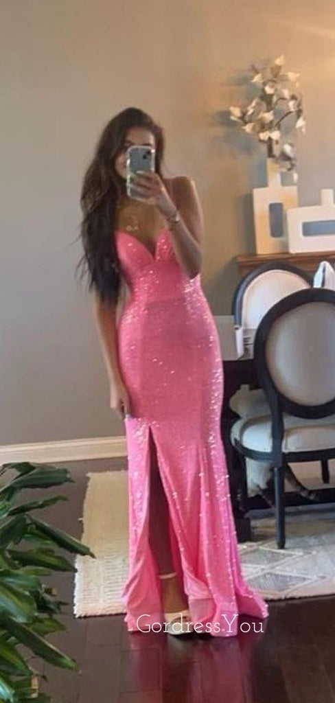 Elegant Hot Pink Sequins Backless Long Evening Prom Dresses, Deep V-neck Prom Dress, GR0492