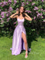 High Slit Lilac Satin A-line Long Evening Prom Dresses, GR0493