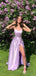 High Slit Lilac Satin A-line Long Evening Prom Dresses, GR0493