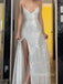 Spaghetti Straps Sequins Side Slit Long Evening Prom Dresses, Morden Sparkly Prom Dress, GR0494