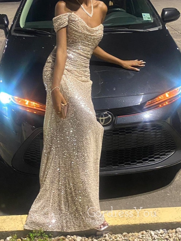 Formal Sequins Side Slit Long Evening Prom Dresses, Off Shoulder Prom Dress, GR0495