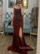 Dark Red Spaghetti Straps Side Slit Long Evening Prom Dresses, Sparkly Prom Dress, GR0496