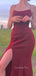 Dark Red Spaghetti Straps Side Slit Long Evening Prom Dresses, Sparkly Prom Dress, GR0496