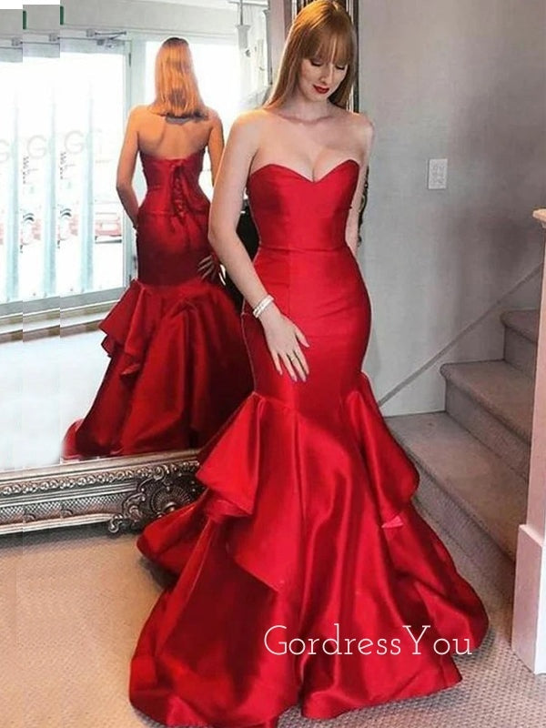 Sweetheart Red Satin Mermaid Long Evening Prom Dresses, Straps Dress, GR0497